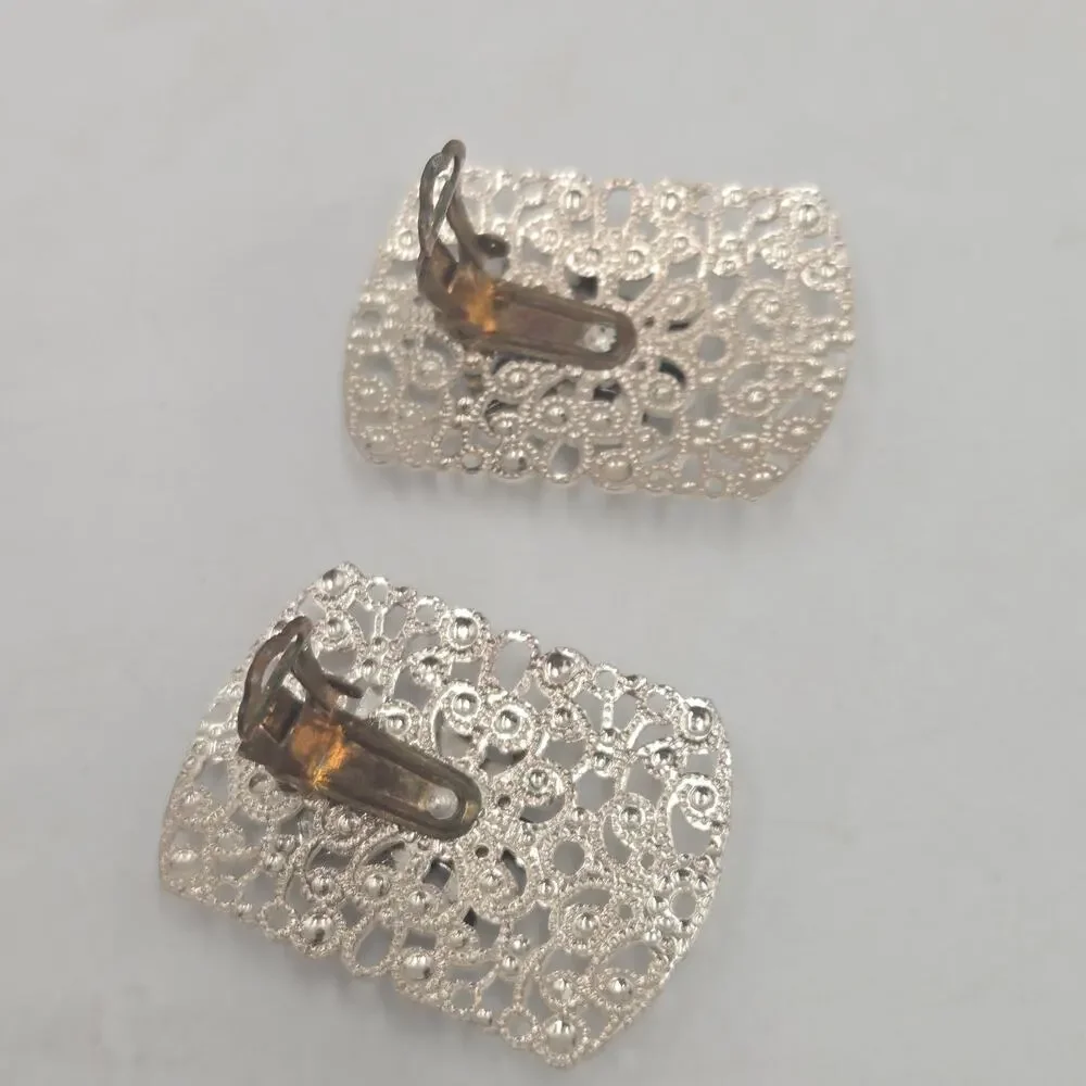 Vtg West Germany Asian Inspired Filigree Clip On Earrings Silver Tone Statement